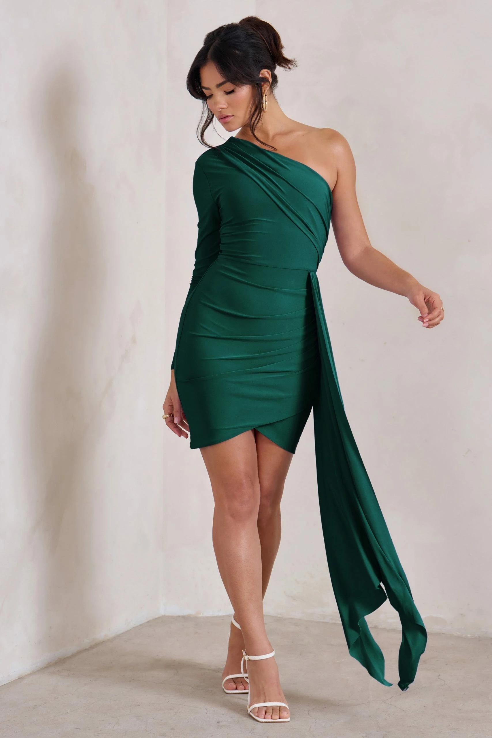 Claudina | Bottle Green Asymmetric Long Sleeve Wrap Mini Dress With Statement Drape 6 Claudina | Bottle Green Asymmetric Long Sleeve Wrap Mini Dress With Statement Drape - Image 4