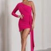 Claudina | Hot Pink Asymmetric Long Sleeve Wrap Mini Dress With Statement Drape -Dress Shop WB CC HR CL129321073 ClaudinaHotPinkAsymmetricLongSleeveWrapMiniDressWithStatementDrape0