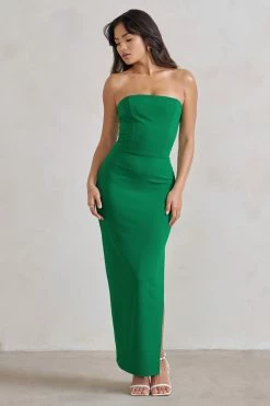Dina | Green Bandeau Maxi Dress With Split