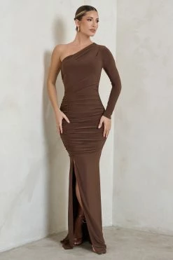 Doll | Brown Asymmetric One Sleeve Ruched Maxi Dress -Dress Shop WB CC HR CL129328 DollBrownAsymmetricOneSleeveRuchedMaxiDress3