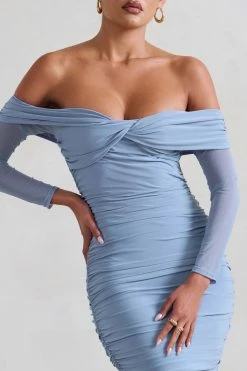 Neva | Ice Blue Bardot Twist Midi Dress -Dress Shop WB CC HR CL129406 Neva IceBlueBardotTwistMidiDress1