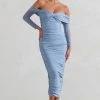 Neva | Ice Blue Bardot Twist Midi Dress -Dress Shop WB CC HR CL129406 Neva IceBlueBardotTwistMidiDress5