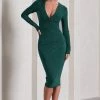 Marcia | Bottle Green Bodycon Plunge-Neck Midi Dress -Dress Shop WB CC HR CL129785047 MarciaChocolateBrownBodyconPlunge NeckMidiDress2