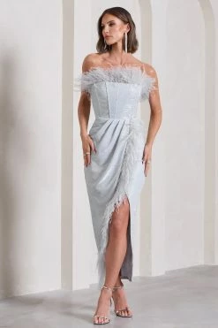 Crystal | Silver Metallic Bandeau Corset Maxi Dress With Feather Trims 10 Crystal | Silver Metallic Bandeau Corset Maxi Dress With Feather Trims -Dress Shop WB CC HR CL133116013 CrystalSilverMetallicBandeauCorsetMaxiDressWithFeatherTrims3
