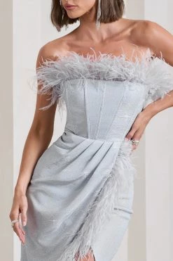 Crystal | Silver Metallic Bandeau Corset Maxi Dress With Feather Trims 9 Crystal | Silver Metallic Bandeau Corset Maxi Dress With Feather Trims -Dress Shop WB CC HR CL133116013 CrystalSilverMetallicBandeauCorsetMaxiDressWithFeatherTrims9