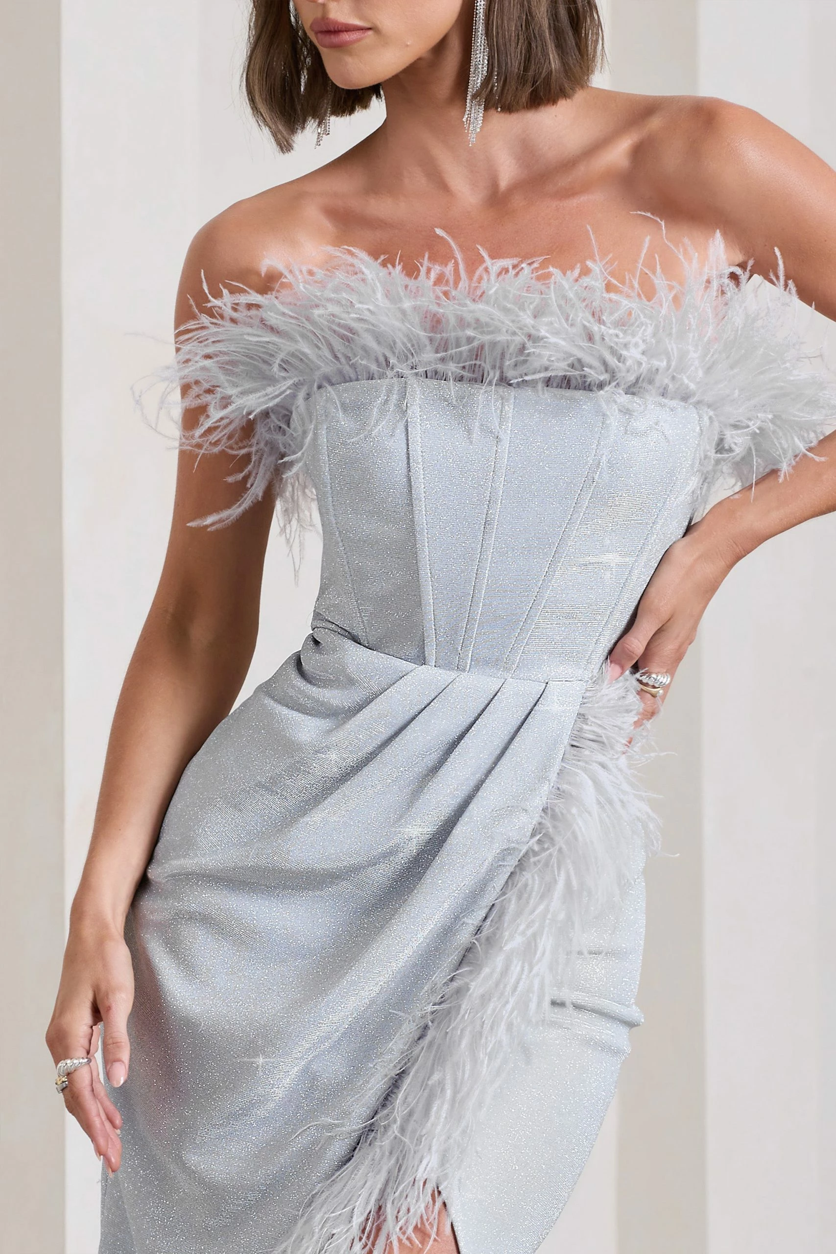 Crystal | Silver Metallic Bandeau Corset Maxi Dress With Feather Trims 5 Crystal | Silver Metallic Bandeau Corset Maxi Dress With Feather Trims - Image 3