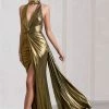 Lost | Gold Metallic Halter-Neck Cut-Out Split Maxi Dress With Drape -Dress Shop WB CC HR CL133124007 LostGoldMetallicHalter NeckCut OutSplitMaxiDressWithDrapeGOLD0
