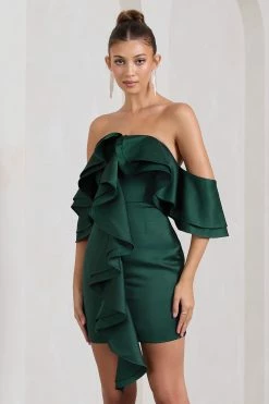Aspen | Bottle Green Bardot Mini Dress With Ruffles -Dress Shop WB CC CL128857047 AspenBottleGreenBardotMiniDressWithRuffles0