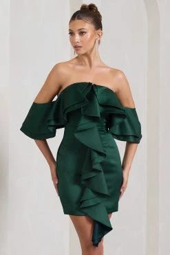 Aspen | Bottle Green Bardot Mini Dress With Ruffles