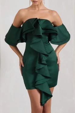 Aspen | Bottle Green Bardot Mini Dress With Ruffles -Dress Shop WB CC CL128857047 AspenBottleGreenBardotMiniDressWithRuffles3 90d499b2 98c6 4968 857c 99607370ab96