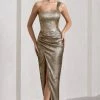Mercy | Gold Metallic One-Shoulder Corseted Wrap Maxi Dress -Dress Shop WB CC HR CL133123078 MercyGreyMetallicOne ShoulderCorsetedWrapMaxiDress2