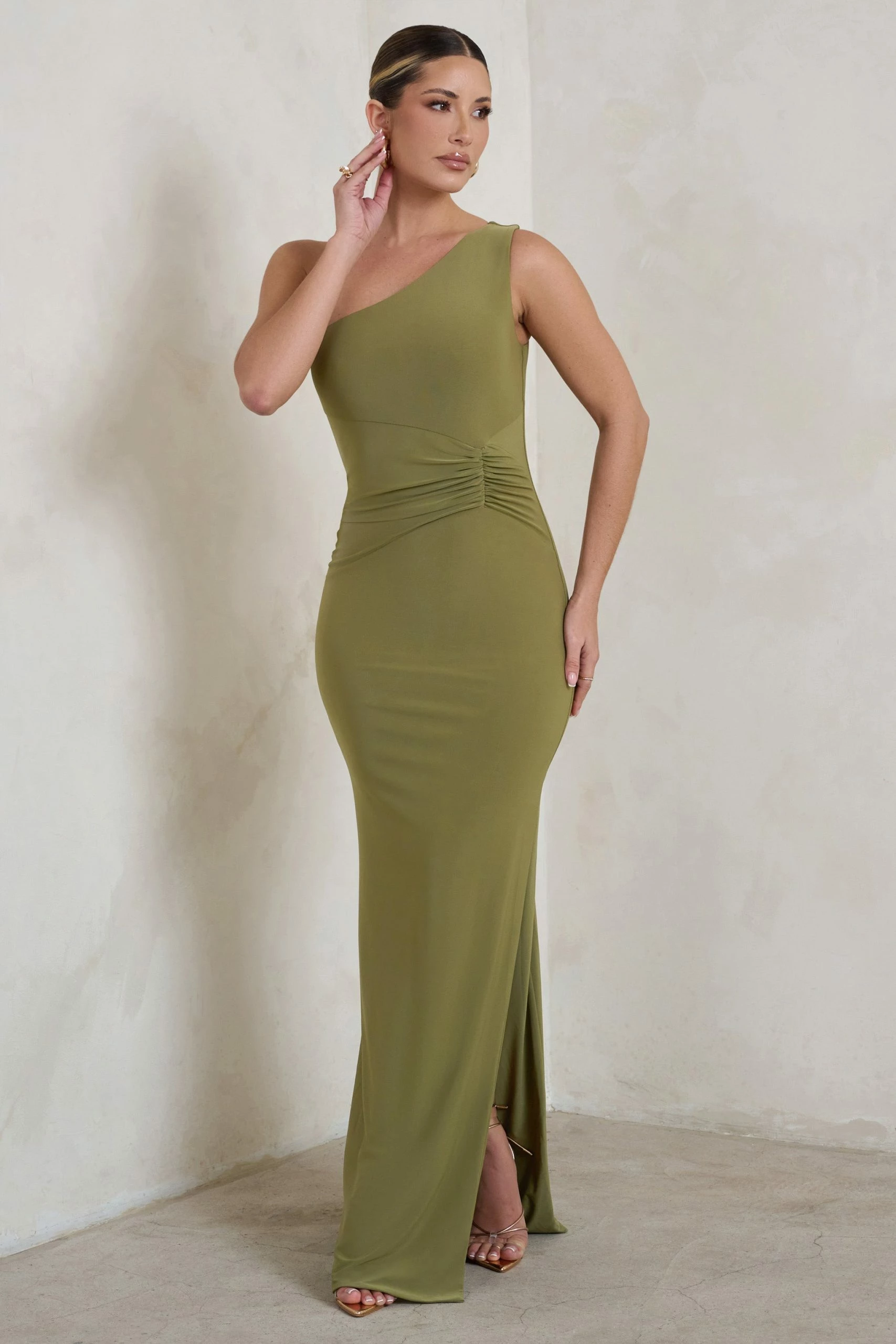 Kary | Olive Green One Shoulder Thigh Split Maxi Dress 3 Kary | Olive Green One Shoulder Thigh Split Maxi Dress