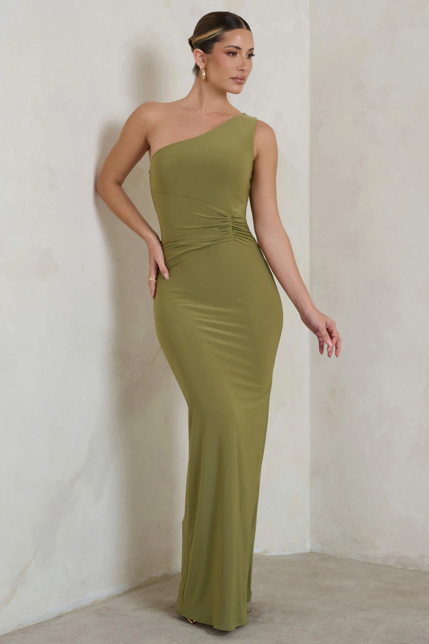 Kary | Olive Green One Shoulder Thigh Split Maxi Dress 6 Kary | Olive Green One Shoulder Thigh Split Maxi Dress - Image 4