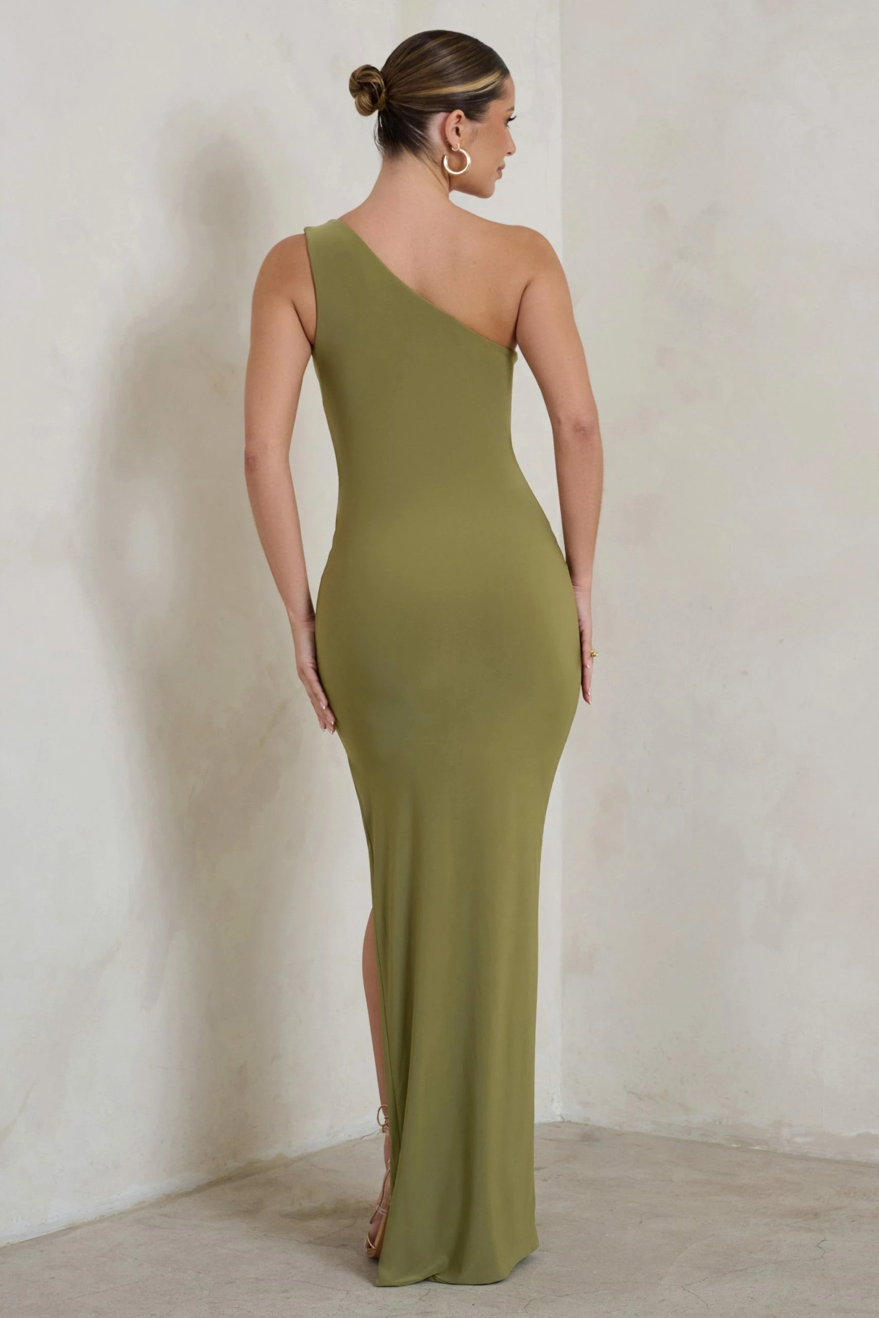 Kary | Olive Green One Shoulder Thigh Split Maxi Dress 4 Kary | Olive Green One Shoulder Thigh Split Maxi Dress - Image 2