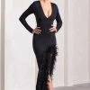 Finale | Black Feather Plunge Neck Thigh Split Maxi Dress 1 Finale | Black Feather Plunge Neck Thigh Split Maxi Dress -Dress Shop WB CL124264002 FinaleBlackFeatherPlungeNeckThighSplitMaxiDress7