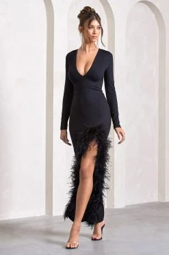 Finale | Black Feather Plunge Neck Thigh Split Maxi Dress -Dress Shop WB CL124264002 FinaleBlackFeatherPlungeNeckThighSplitMaxiDress8
