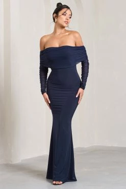 Madeleine | Navy Fishtail Maxi Dress With Bardot Mesh Long Sleeves 10 Madeleine | Navy Fishtail Maxi Dress With Bardot Mesh Long Sleeves -Dress Shop WB CL124634015 MadeleineNavyFishtailMaxiDressWithBardotMeshLongSleeves0