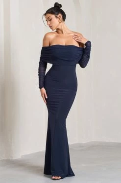 Madeleine | Navy Fishtail Maxi Dress With Bardot Mesh Long Sleeves 11 Madeleine | Navy Fishtail Maxi Dress With Bardot Mesh Long Sleeves -Dress Shop WB CL124634015 MadeleineNavyFishtailMaxiDressWithBardotMeshLongSleeves1