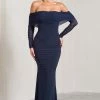 Madeleine | Navy Fishtail Maxi Dress With Bardot Mesh Long Sleeves -Dress Shop WB CL124634015 MadeleineNavyFishtailMaxiDressWithBardotMeshLongSleeves2