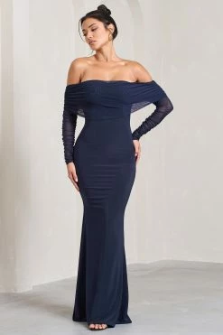 Dress Shop 49 Madeleine | Navy Fishtail Maxi Dress With Bardot Mesh Long Sleeves