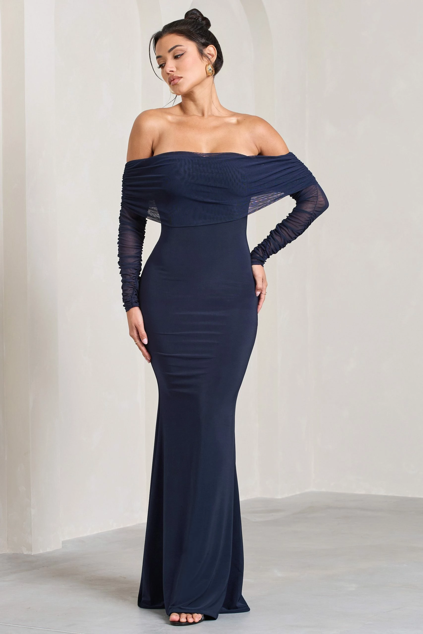 Madeleine | Navy Fishtail Maxi Dress With Bardot Mesh Long Sleeves 3 Madeleine | Navy Fishtail Maxi Dress With Bardot Mesh Long Sleeves