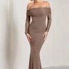 Madeleine | Mocha Fishtail Maxi Dress With Bardot Mesh Long Sleeves -Dress Shop WB CL124634038 MadeleineMochaFishtailMaxiDressWithBardotMeshLongSleeves0