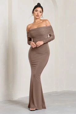 Madeleine | Mocha Fishtail Maxi Dress With Bardot Mesh Long Sleeves -Dress Shop WB CL124634038 MadeleineMochaFishtailMaxiDressWithBardotMeshLongSleeves1