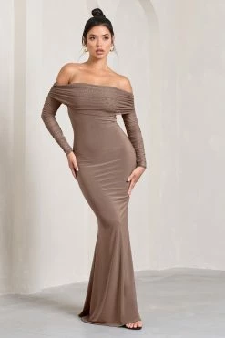 Madeleine | Mocha Fishtail Maxi Dress With Bardot Mesh Long Sleeves -Dress Shop WB CL124634038 MadeleineMochaFishtailMaxiDressWithBardotMeshLongSleeves3