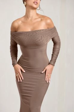 Madeleine | Mocha Fishtail Maxi Dress With Bardot Mesh Long Sleeves -Dress Shop WB CL124634038 MadeleineMochaFishtailMaxiDressWithBardotMeshLongSleeves4
