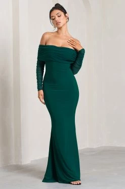 Madeleine | Bottle Green Fishtail Maxi Dress With Bardot Mesh Long Sleeves -Dress Shop WB CL124634047 MadeleineBottleGreenFishtailMaxiDressWithBardotMeshLongSleeves0