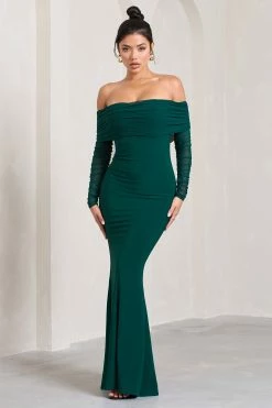 Madeleine | Bottle Green Fishtail Maxi Dress With Bardot Mesh Long Sleeves -Dress Shop WB CL124634047 MadeleineBottleGreenFishtailMaxiDressWithBardotMeshLongSleeves2