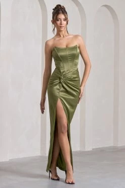 Romancing | Olive Thigh Split Corset Strapless Maxi Dress -Dress Shop WB CL125596113 RomancingOliveThighSplitCorsetStraplessMaxiDress