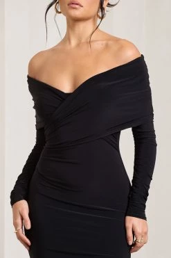 Flatter Me | Black Twist Front Bardot Midi Dress -Dress Shop WB CL126408002 FlatterMe BlackTwistFrontBardotMidiDress3