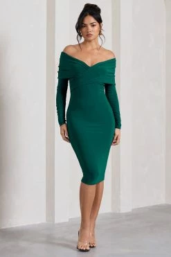 Flatter Me | Bottle Green Twist Front Bardot Midi Dress -Dress Shop WB CL126408047 FlatterMeBottleGreenTwistFrontBardotMidiDress1