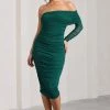 Bijou | Bottle Green Asymmetric Bardot Mesh Ruched Midi Dress
