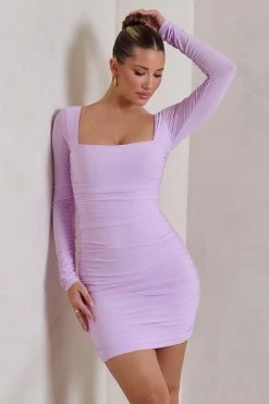 Muse | Lilac Long Sleeve Square Neck Ruched Mini Dress -Dress Shop WB CL126709 MuseLilacLongSleeveSquareNeckRuchedMiniDress0