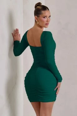 Muse | Green Long Sleeve Square Neck Ruched Mini Dress 8 Muse | Green Long Sleeve Square Neck Ruched Mini Dress -Dress Shop WB CL126709 Muse GreenLongSleeveSquareNeckRuchedMiniDress9