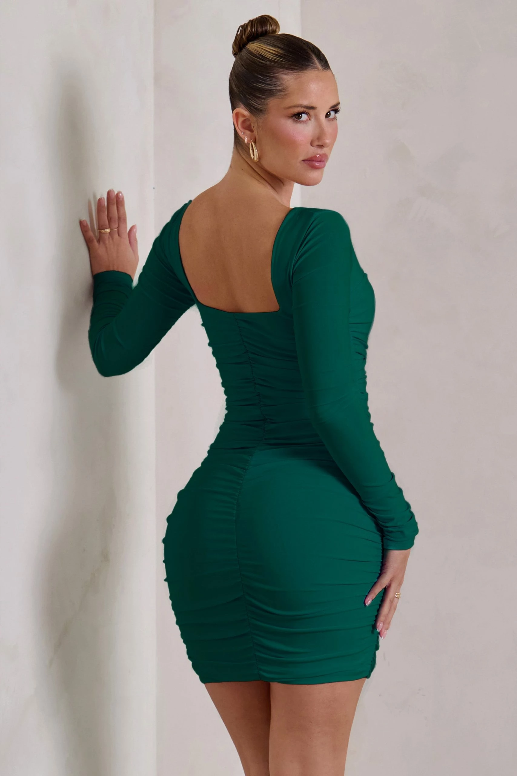 Muse | Green Long Sleeve Square Neck Ruched Mini Dress 4 Muse | Green Long Sleeve Square Neck Ruched Mini Dress - Image 2