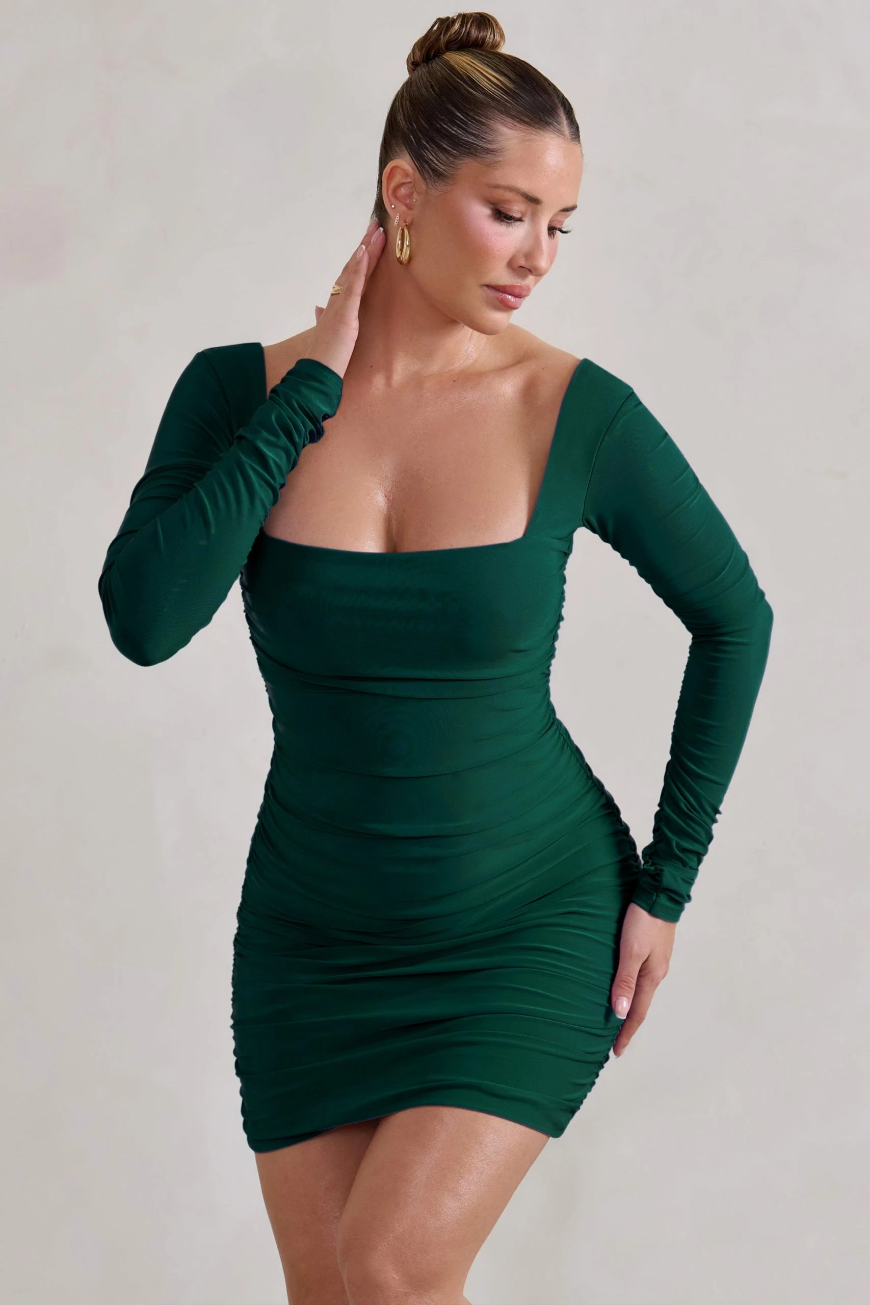 Muse | Green Long Sleeve Square Neck Ruched Mini Dress 6 Muse | Green Long Sleeve Square Neck Ruched Mini Dress - Image 4
