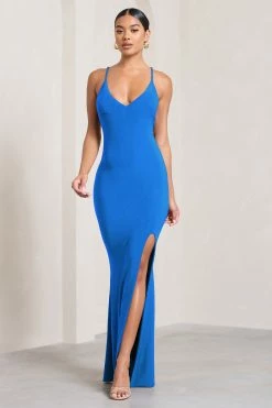 Love Shy | Blue Plunge Neck Maxi Dress With Split Detail -Dress Shop WB CL126720020 LoveShyBluePlungeNeckMaxiDressWithSplitDetail3