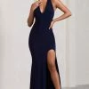 Glamour | Navy Backless V Plunge Halter Neck Maxi Dress With Side Split -Dress Shop WB CL126723015 GlamourNavyBacklessVPlungeHalterNeckMaxiDressWithSideSplit2