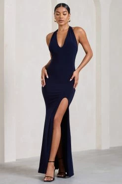 Glamour | Navy Backless V Plunge Halter Neck Maxi Dress With Side Split 10 Glamour | Navy Backless V Plunge Halter Neck Maxi Dress With Side Split -Dress Shop WB CL126723015 GlamourNavyBacklessVPlungeHalterNeckMaxiDressWithSideSplit3