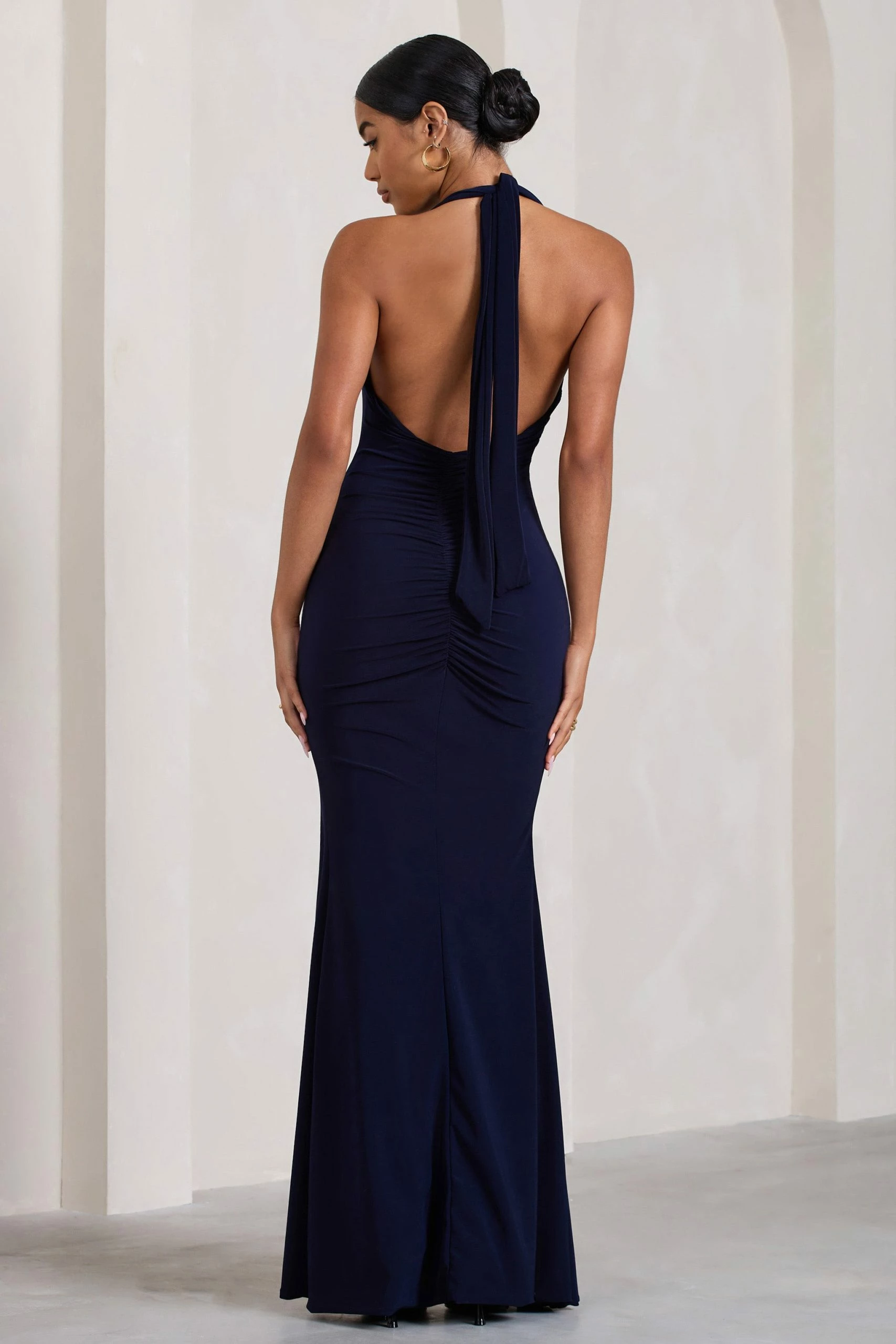 Glamour | Navy Backless V Plunge Halter Neck Maxi Dress With Side Split 4 Glamour | Navy Backless V Plunge Halter Neck Maxi Dress With Side Split - Image 2