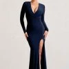 Unforgotten | Navy Wrap Front Maxi Dress With Side Split -Dress Shop WB CL126726015 UnforgottenNavyWrapFrontMaxiDressWithSideSplit0