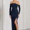 Stand Out | Navy Bardot Ruched Maxi With Sleeves And Side Split