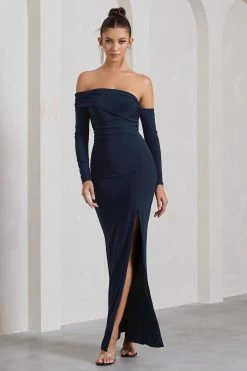 Stand Out | Navy Bardot Ruched Maxi With Sleeves And Side Split -Dress Shop WB CL126729015 StandOutNavyBardotRuchedMaxiWithSleevesAndSideSplit2