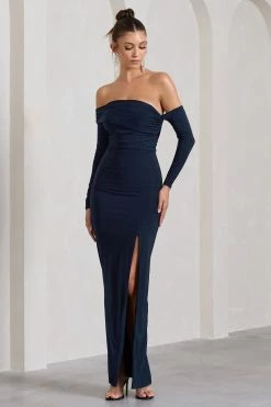 Stand Out | Navy Bardot Ruched Maxi With Sleeves And Side Split -Dress Shop WB CL126729015 StandOutNavyBardotRuchedMaxiWithSleevesAndSideSplit5