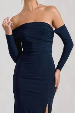Stand Out | Navy Bardot Ruched Maxi With Sleeves And Side Split -Dress Shop WB CL126729015 StandOutNavyBardotRuchedMaxiWithSleevesAndSideSplit6