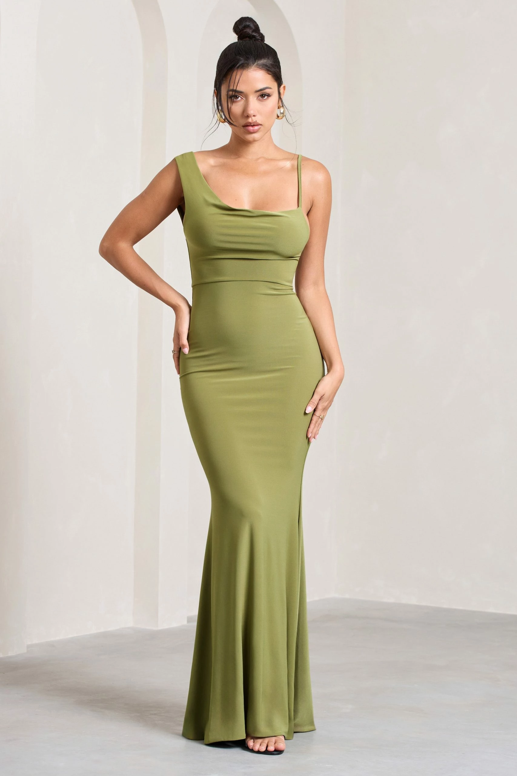Phantasy | Olive Asymmetric Neckline Cowl Maxi Dress 6 Phantasy | Olive Asymmetric Neckline Cowl Maxi Dress - Image 4