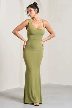 Phantasy | Olive Asymmetric Neckline Cowl Maxi Dress 11 Phantasy | Olive Asymmetric Neckline Cowl Maxi Dress -Dress Shop WB CL126730113 PhantasyOliveAsymmetricNecklineCowlMaxiDress2